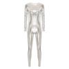 Womens Metallic Bodysuit Shiny Unitard Long Sleeve Round Neck Full Coverage Slim Fit Dance Performance Wear