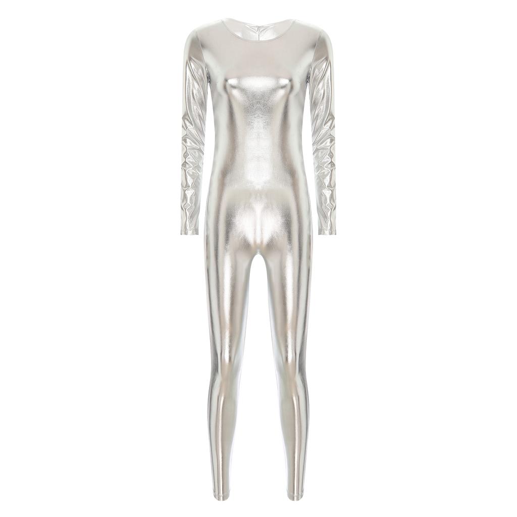 Womens Metallic Bodysuit Shiny Unitard Long Sleeve Round Neck Full Coverage Slim Fit Dance Performance Wear