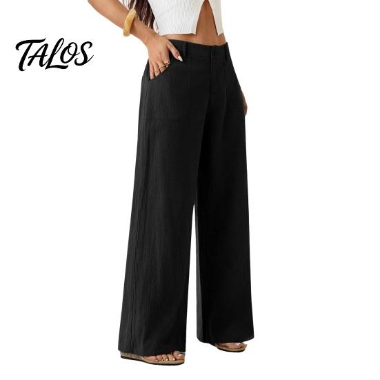 Bequeme Hose Baumwolle Leinen Weites Bein für Damen, Lockerer Knopf Elastischer Bund Arbeitsbund Freizeit Hose, Einfarbige Palazzo mit Taschen