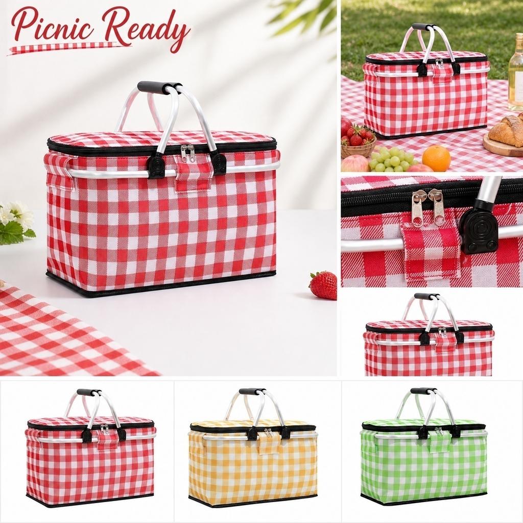 Oxford Fabric Portable Picnic Basket with Handle Foldable Insulated Cooler Bag for Outdoor Camping Storage and Grocery Shopping