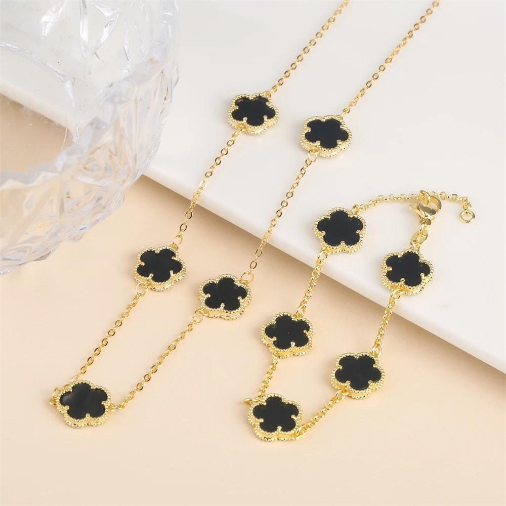 2024 Hot Sale 10 Colors Five-Leaf Flower Set Bracelet Necklace Classic Simple Women Zircon Set Suitable For Daily Party Wear