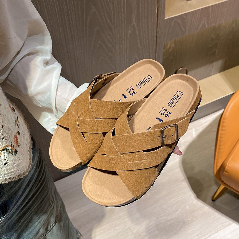 Thick-soled slippers women's summer outer wear new retro flat-bottomed cross-strapped slippers cork bottom large size