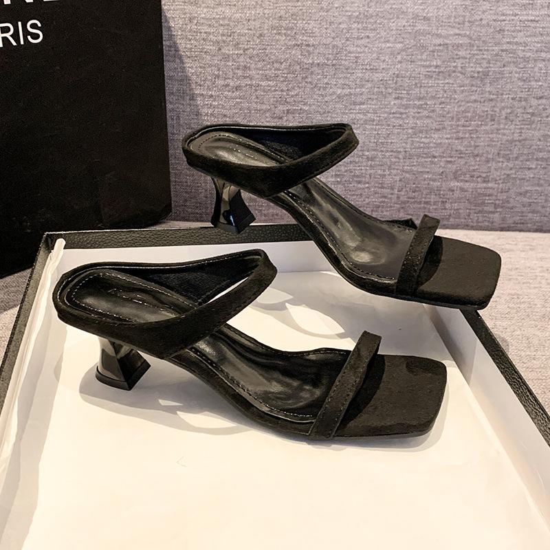 Niche French Leopard Print High Heels One-word Slippers Women's Shoes Wear 2025 New Summer Thin Heel Cool Slippers