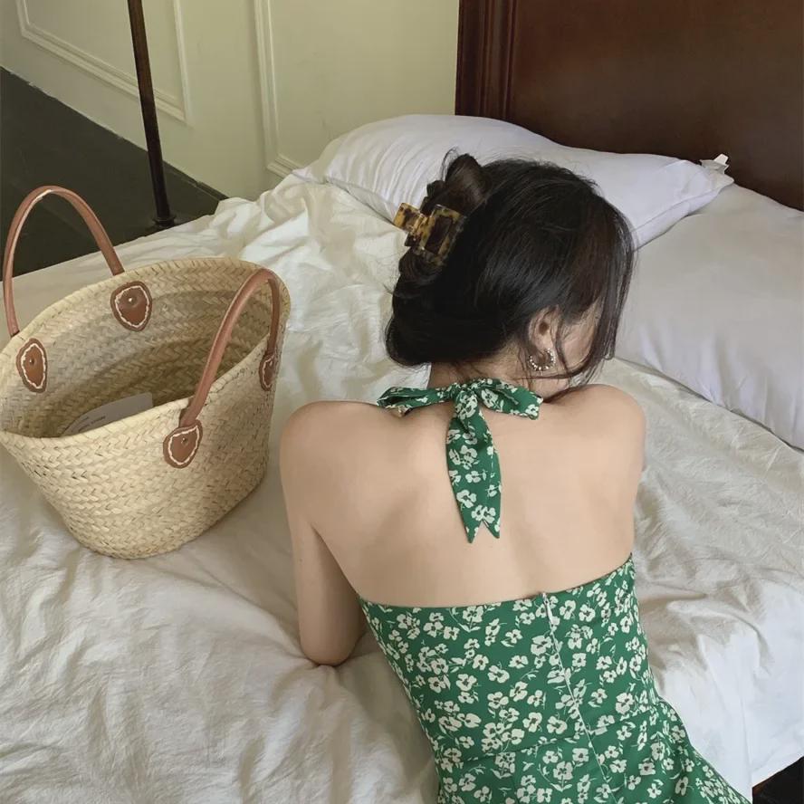 Retro Hong Kong Stil V-Ausschnitt Blumen Neckholder A-Linien Kurzkleid