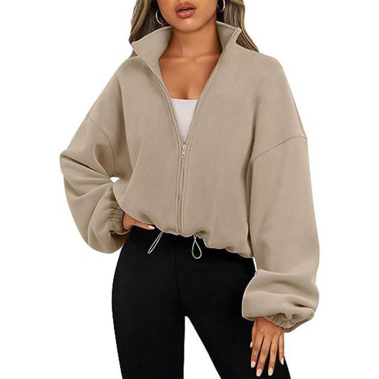 Women Solid Color Velvet Sporty Casual Coat Top Stand Collar Zipper Sweatshirt
