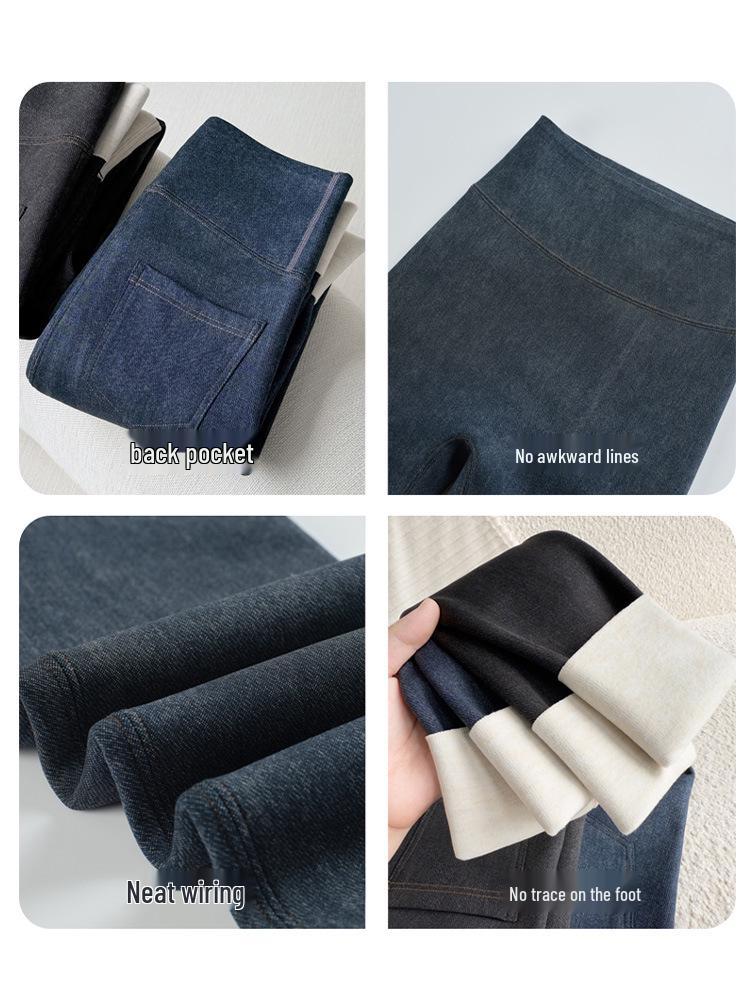 Women's Slim Fit Cashmere Silk Fleece-Lined Winter Pants with Pockets