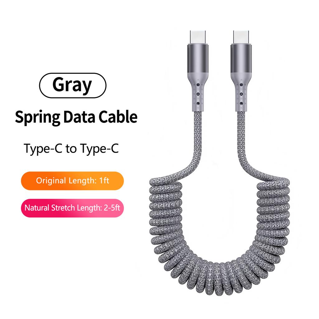 Electronic Accessories 100W 90 Degree Right Angled USB-C Coiled Retractable Data Cable Pure Copper Conductor Braid