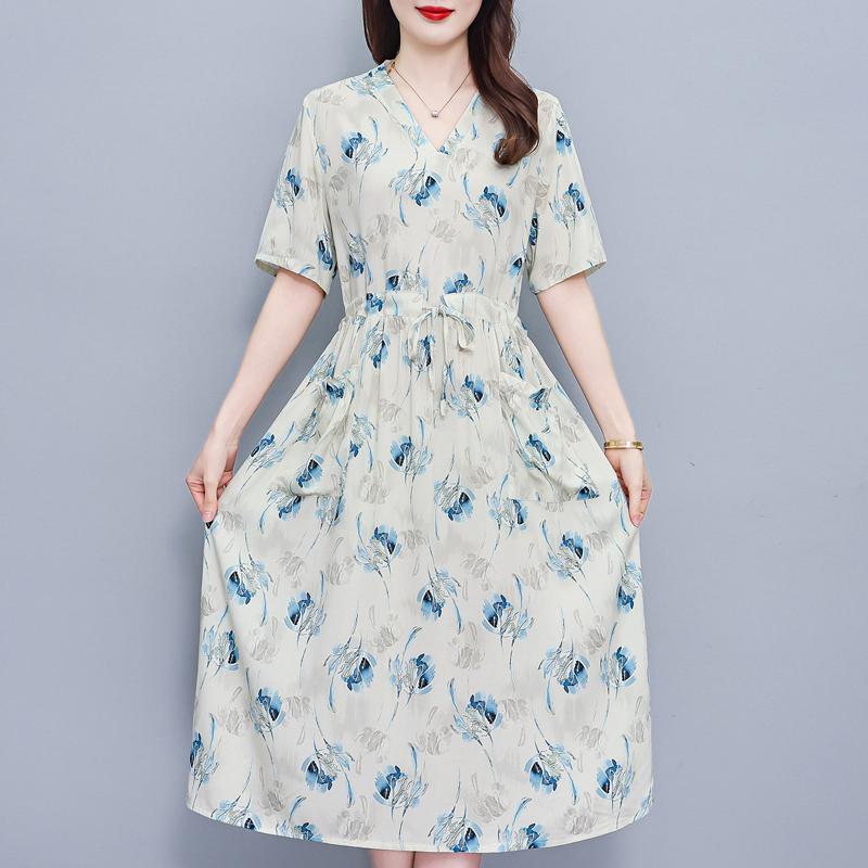 Elegantes Sommerkleid für Damen Vintage Kleidung Übergröße Lässig Kurzarm Langes Kleid