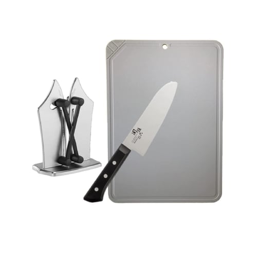 Mizum Japan [3-Piece Kitchen Utensil Set] Kitchen Tools: Universal Sharpener, Seki Magoroku Knife, Santoku Knife, and Magic Cutting Board