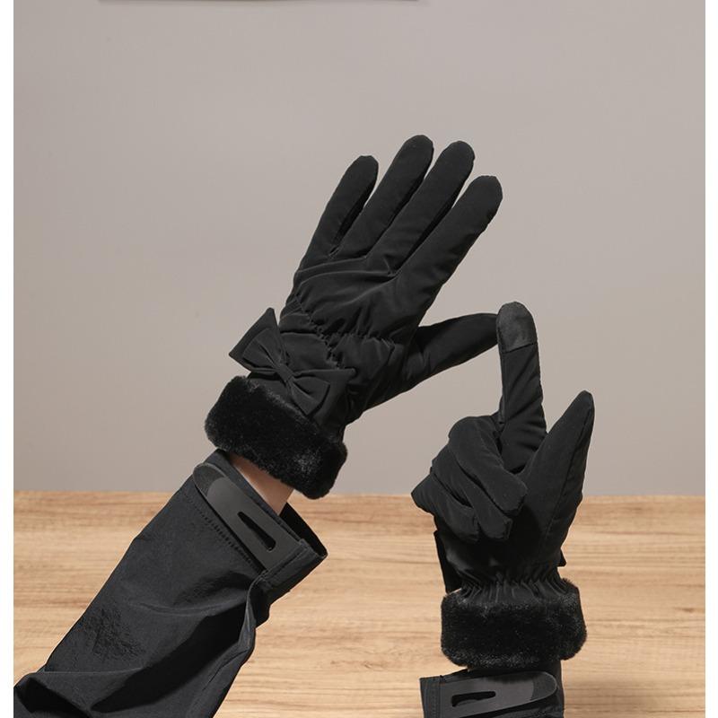 Warm Gloves In Autumn and Winter Plus Velvet Thickened Cute Bow with Fur Mouth Outdoor Riding Women Driving Touch Screen Gloves