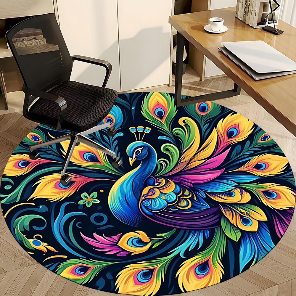 1pc Peacock Feathers Office Round Area Rug, Under Office Chairs Bedroom Living Room Home Decor, Room Deco