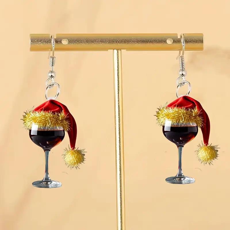 Festive Christmas Wine Glass Earrings - Holiday Red Acrylic Accessory
