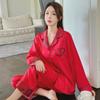Spring and Summertime Pajamas for Women Ice Silk Red Heart-shaped Lapel Long-sleeved Casual Simple Satin Pajamas Set