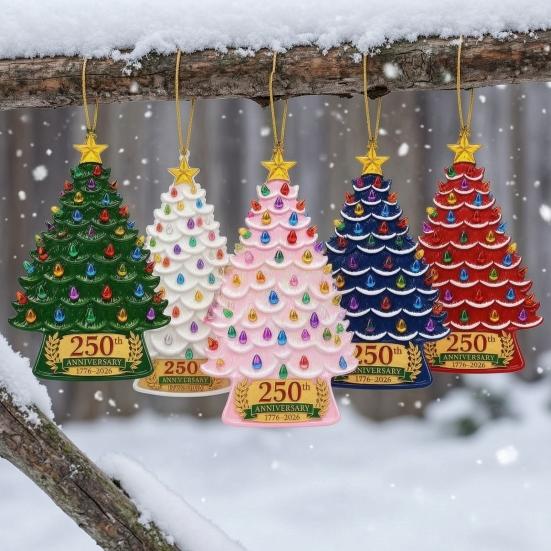 Christmas Tree Pendant 5 Pcs 2D Flat 250 Anniversary USA Ornament, Year Decorative Wall Hanging of America 1776-2026 Acrylic Patriotic Decoration for