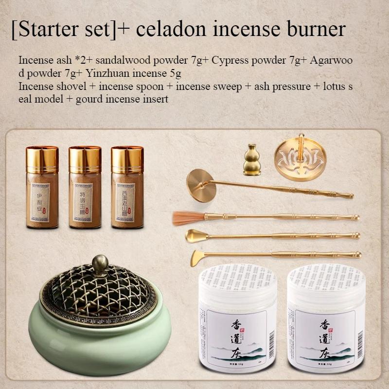 Brass Incense Lore Set /Lotus Seal Model Incense Spoon Broom Sandalwood Agilawood Powder Censer Study Tea Room Incense Tools