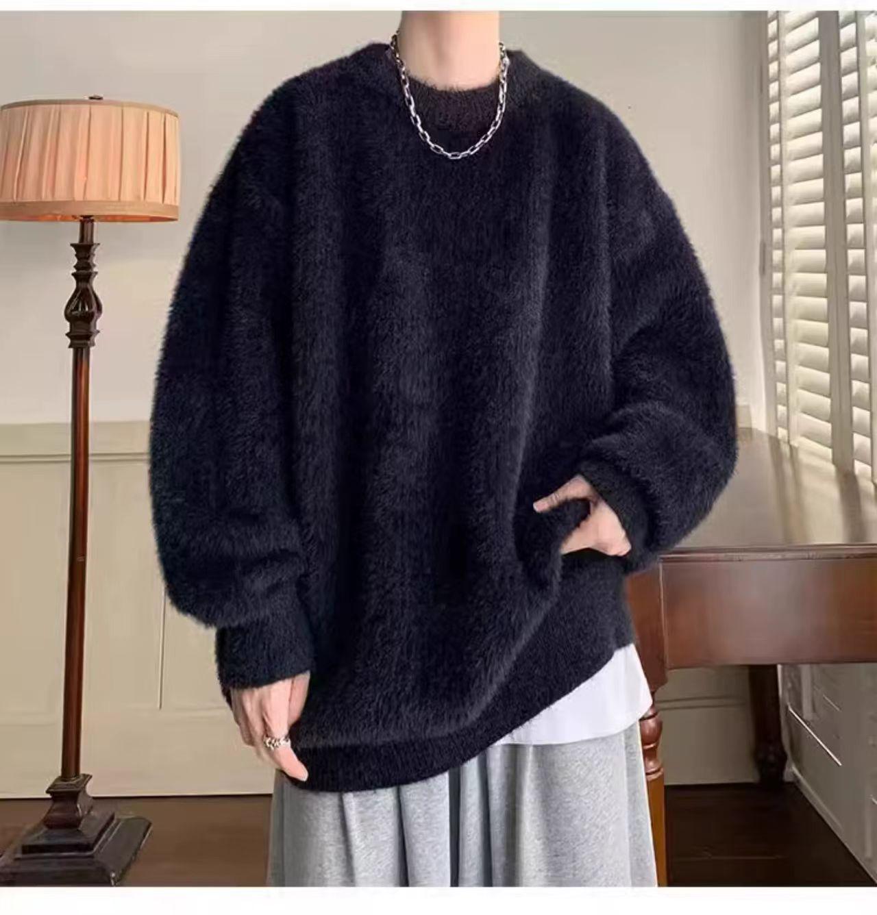 

Men s Imitation Mink Sweater - Autumn/Winter, Round Neck, Lazy American Style, Loose Fit Knitted Pullover. M: 105-131 lbs чорний