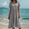 Women Summer Dress Button V Neck Short Sleeve Loose Fit Flowy Beach Sundress Ruffled A-line Swing Casual Midi Dress