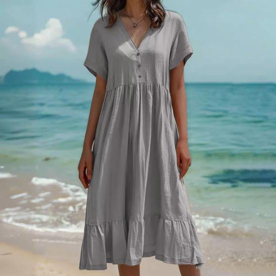 Women Summer Dress Button V Neck Short Sleeve Loose Fit Flowy Beach Sundress Ruffled A-line Swing Casual Midi Dress
