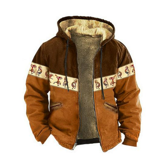 Retro Męska Zimowa Kurtka Bawełniana z Podszewką z Polarowego Materiału z Kapturem i Zamkiem Błyskawicznym