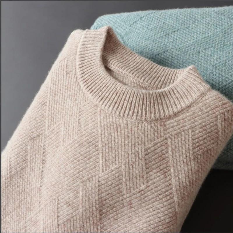 Suéter de Cachemira para Hombre Holgado y Grueso Jacquard Cuello Redondo Suéter de Punto para Hombre Otoño e Invierno Color Sólido