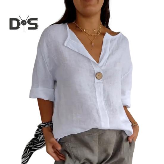 

Женская рубашка с V-образным вырезом, декором на пуговицах, рукавом 3/4, свободный крой, базовый вырез, однотонная летняя рубашка S белый