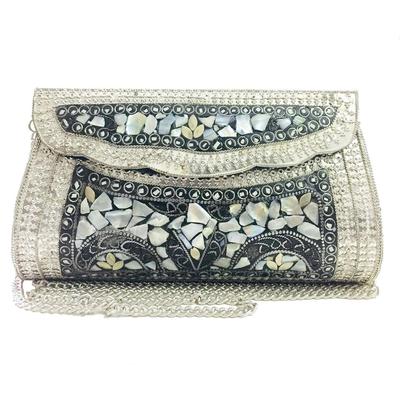 Damen Silber Muschel Perlmuttstein Ethnische Clutch - Indische Antik Mosaik Metall Party Geldbörse