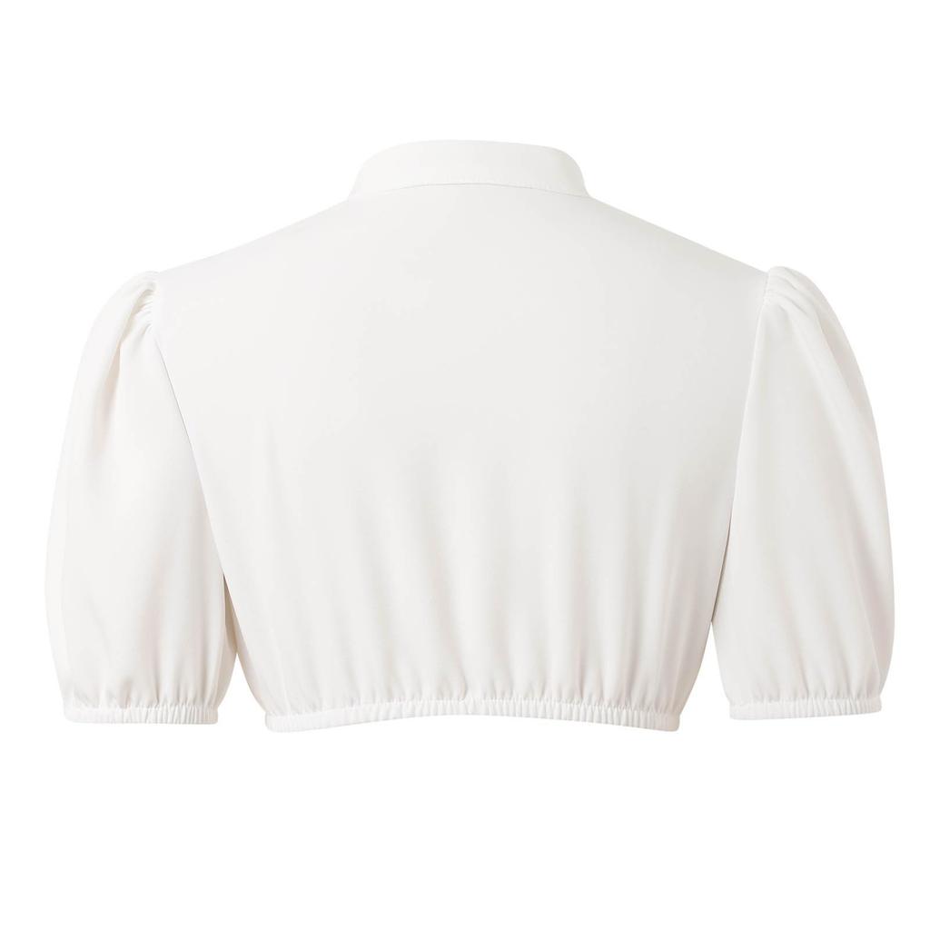 Women's Casual Fashion Crop Shirt V Neck Button Front Puff Sleeve Short Top Elastic Hem Blouse