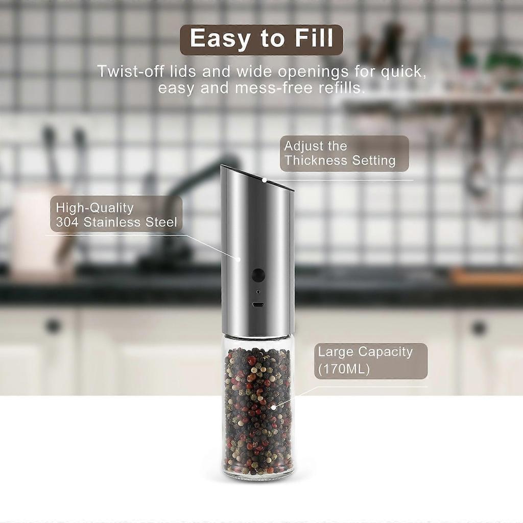 USB Rechargeable Salt and Pepper Mill Set, Electric Salt or Pepper Grinders, Easy to Use