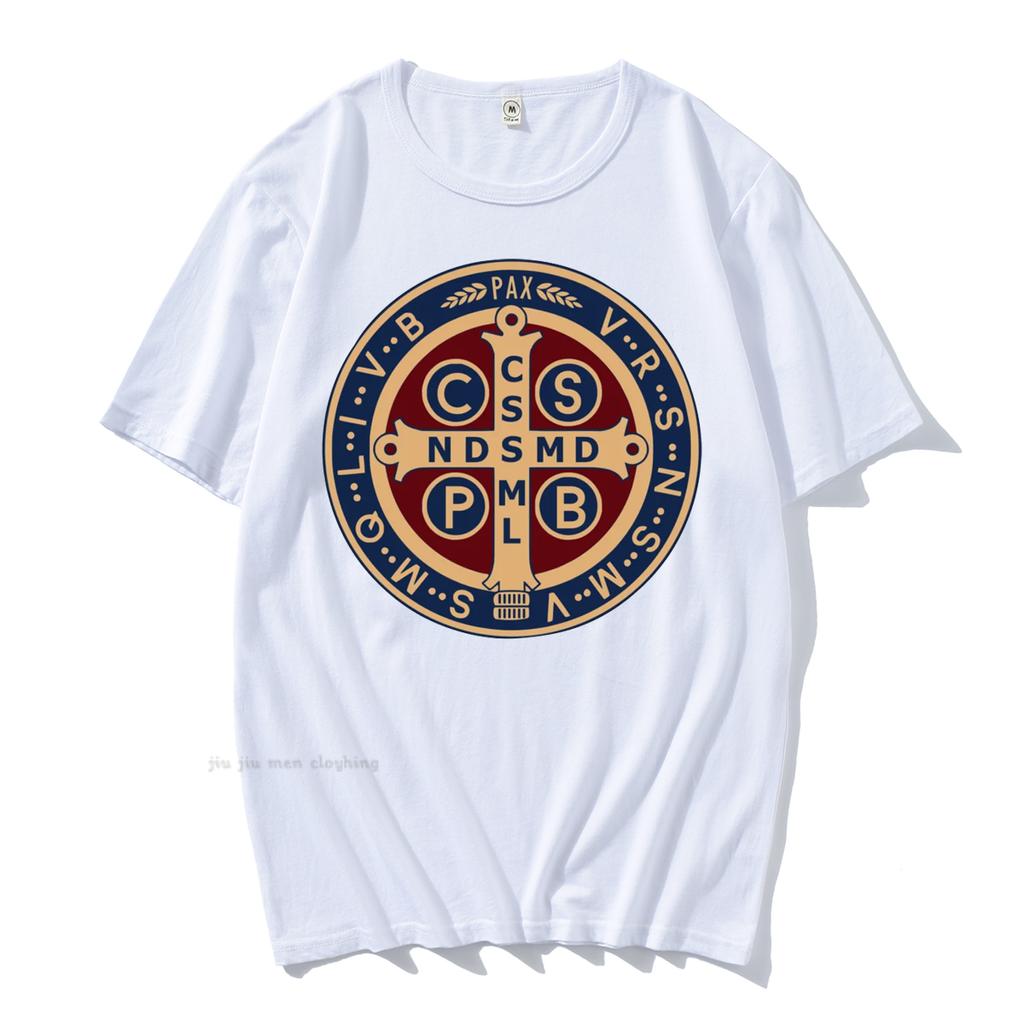 The Saint Benedict Medal Catholic Pullover T-Shirt Camisas Men Women Casual Printed Cotton T Shirt Vintage Harajuku  Oversized T