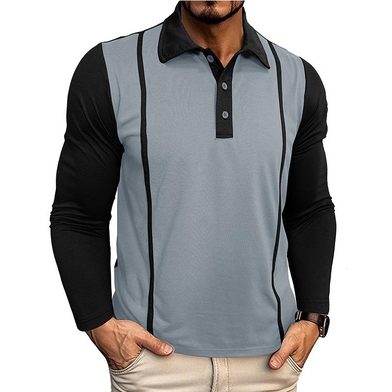 Men S Contrast Color Lapel Long Sleeve Button Polo Shirt M серый