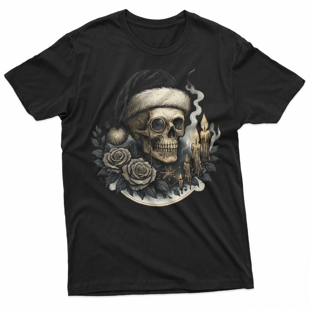 Merry Gothmas Victorian Skull In Velvet Santa Hat 100% Cotton T-shirt Mens Tees Top