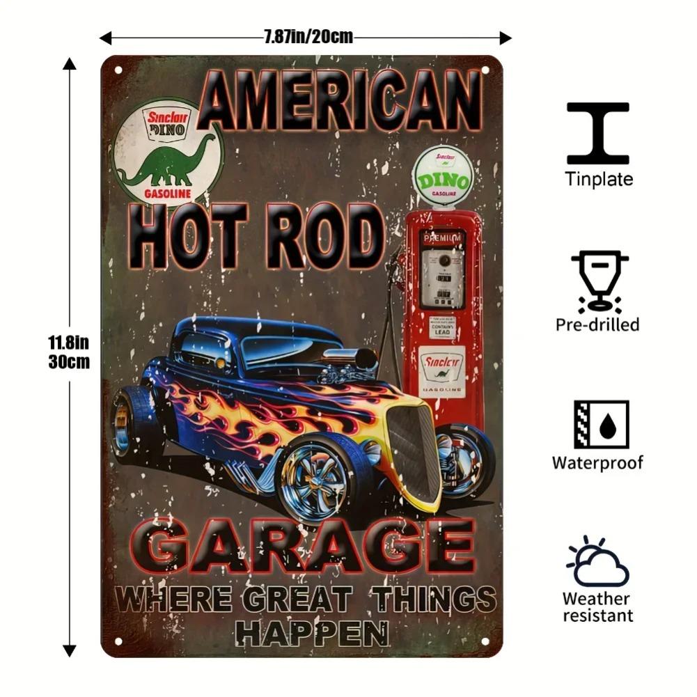 Vintage American Garage Sign Set with Classic Car Wall Decor In Red Black Burgundy Yellow for Home Bar Route 66 Fans