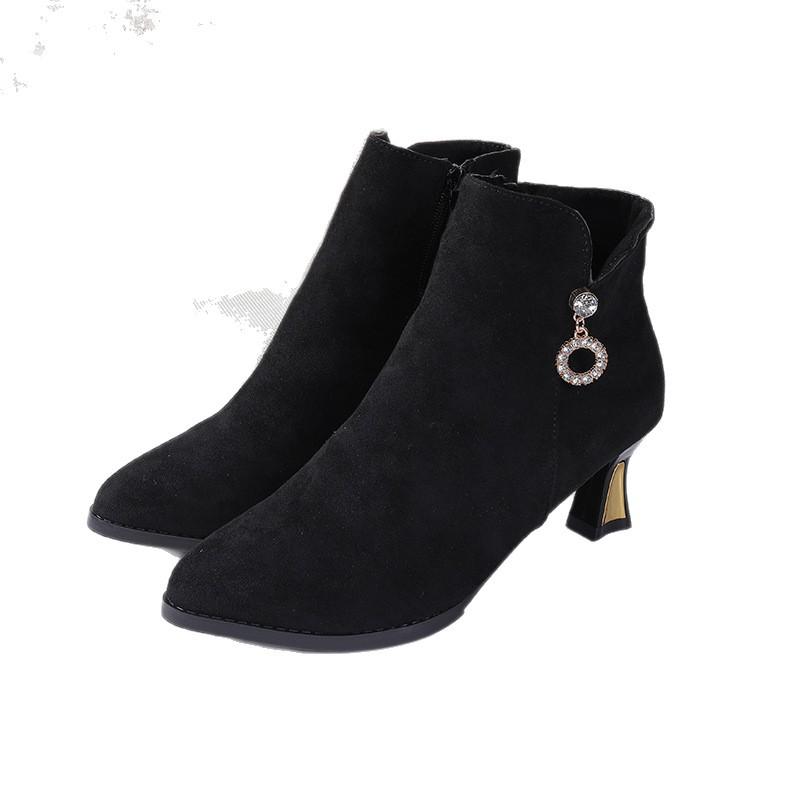 New thin-heeled mid-heeled pointed fleece boots and bare boots in autumn and winter, short tube, solid color high heel.
