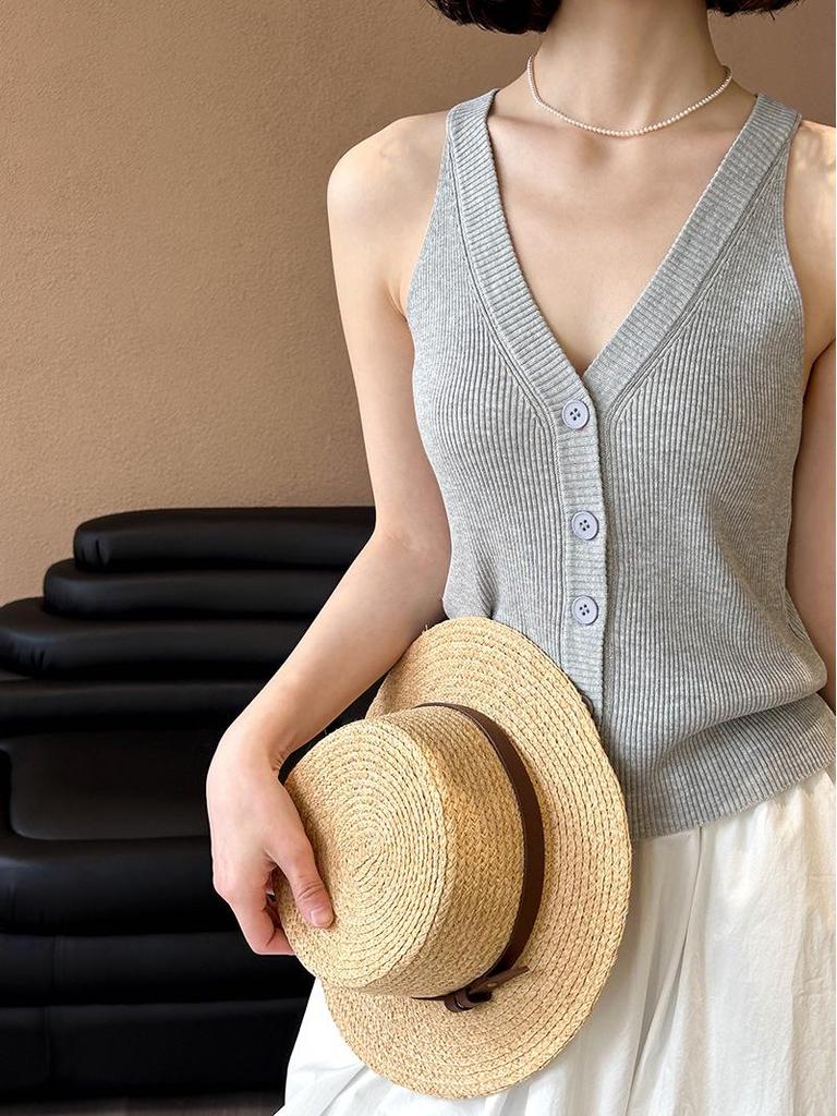 Juzhi Spring Korean V-Neck Sleeveless Cardigan