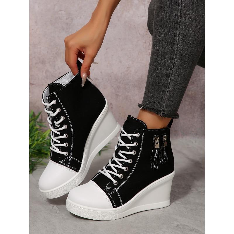 2025 Canvas Shoes for Women Height Increase Season's Thick Soled Casual Ankle Boots Versatile Women Heeled Sneakers Ladies Shoes