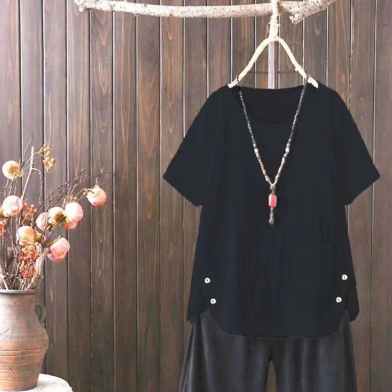 Kortmouwig T-shirt Dames Zomer Linnen Retro Stijl Mode Grote Maat Los Dames Top