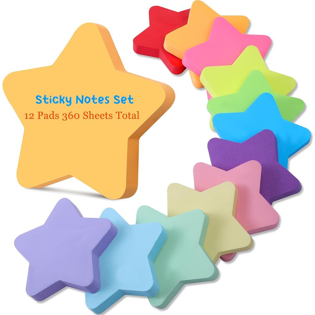 12 Packs (360 Sheets) 12-color Star-shaped Self-adhesive Notepads Set with Category Labels, Suitable for Offices and Study Plans