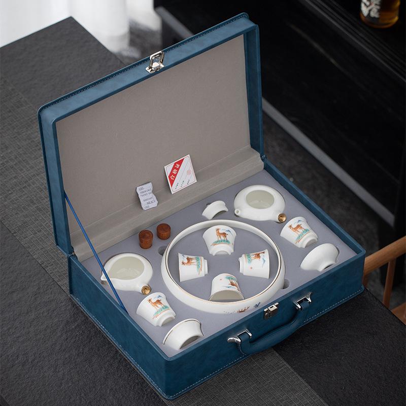 Suet jade tea set Guochao Kung Fu ceramic side handle pot white porcelain gift box business gifts