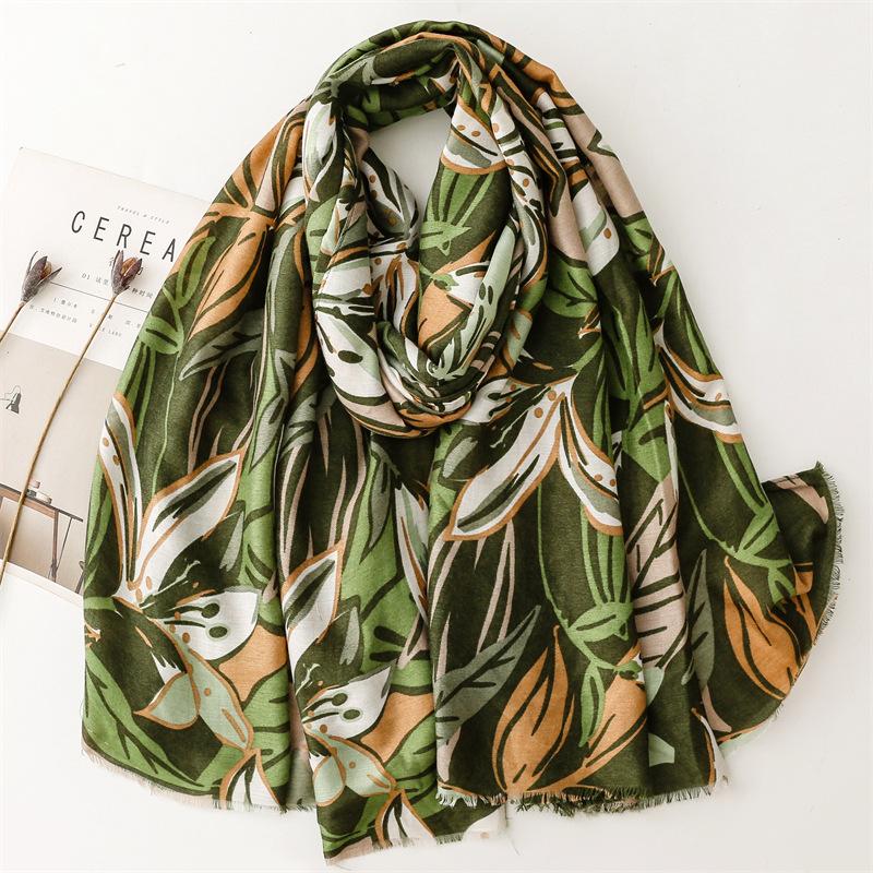 Winter Vintage Ombre Leaf Floral Fringe Viscose Shawl Scarf Lady High Quality Print Pashmina Stole Bufanda Muslim Hijab 180*90Cm