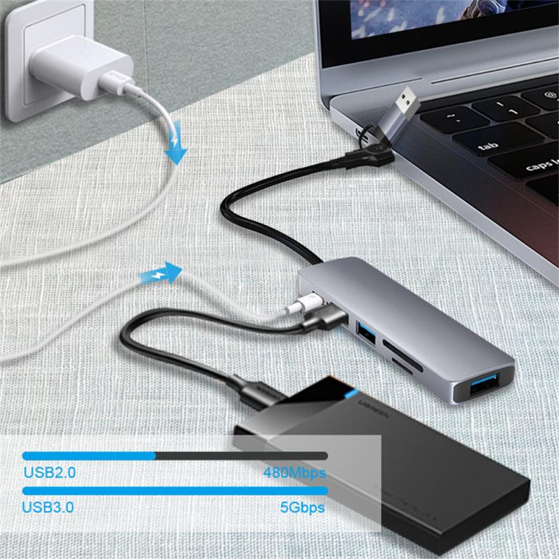 Usb C Hub 6-in-1 Dual-head Type C/usb Docking Station Pd Fast Charging Adapter Supports Sd/tf