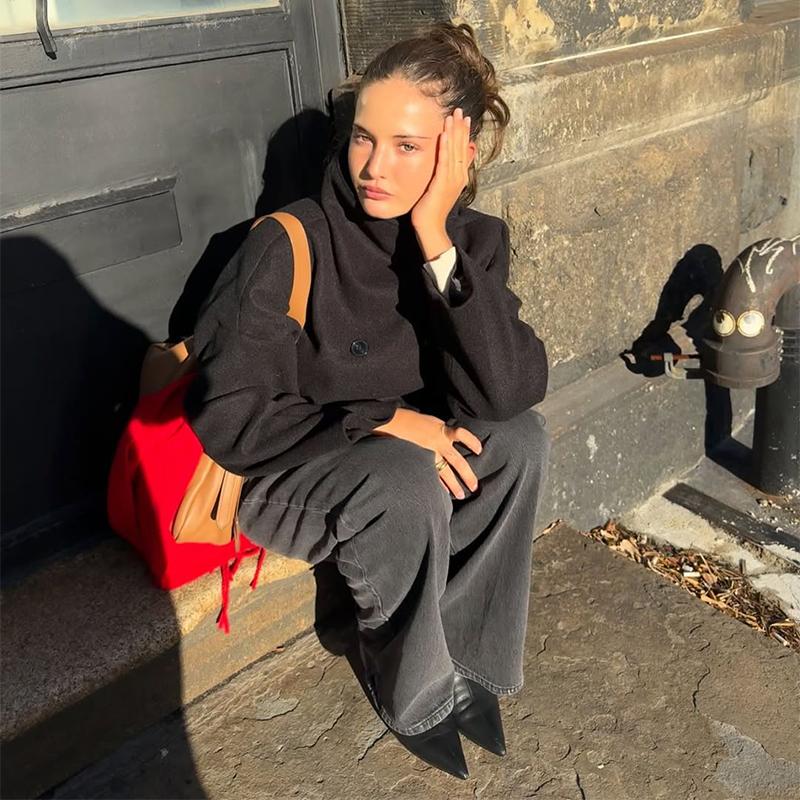 Elegant Women's Coat High Stand Collar Full Sleeve Double Breasted Solid Female Coats 2025 Autumn Fashion High Street Lady Top