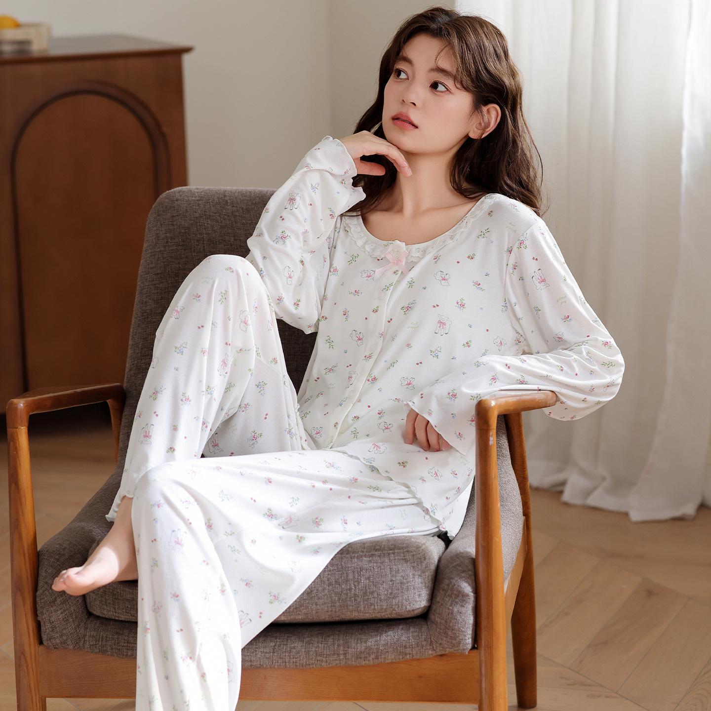 

Женский модальный пижамный комплект-кардиган 2025 - С длинным рукавом, Антибактериальный, Тонкий мультяшный дизайн для осени L (height 155-160, weight 100-120)