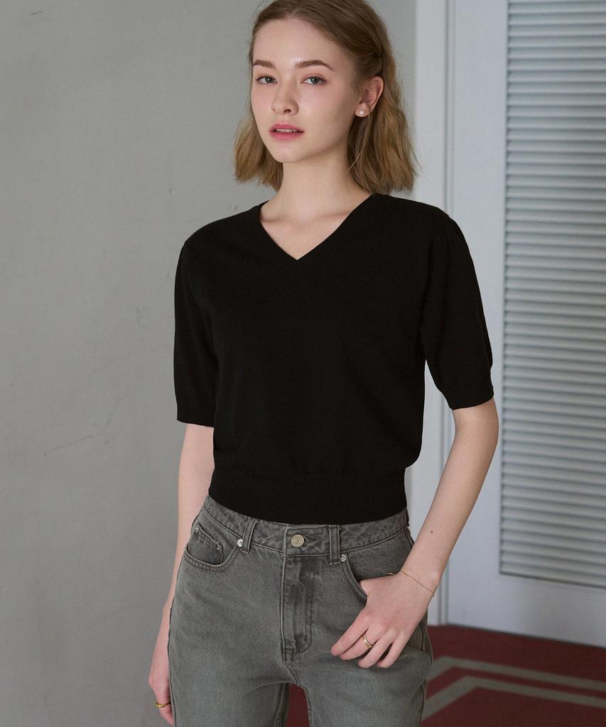 Deuloupisumeon V-Neck Puff Short Sleeve Cotton Knit [Cream]