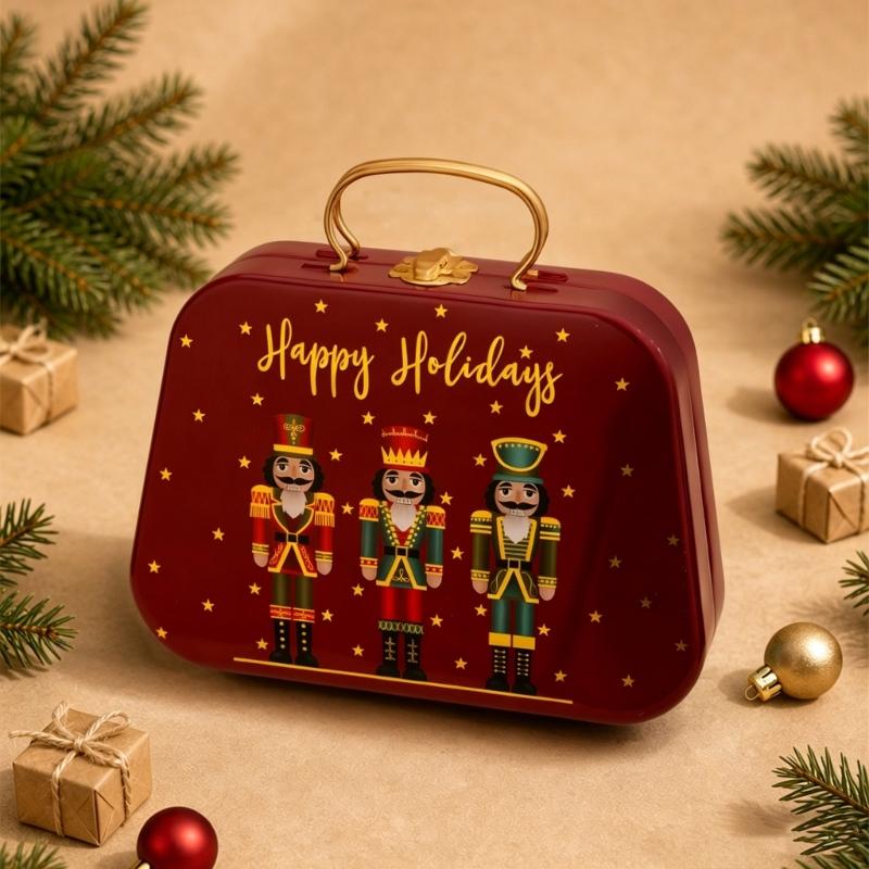 Holiday Gift Tin Box Christmas Metal Treat Container with Handle and Lid Closure for Small Gifts, Dessert Table Use
