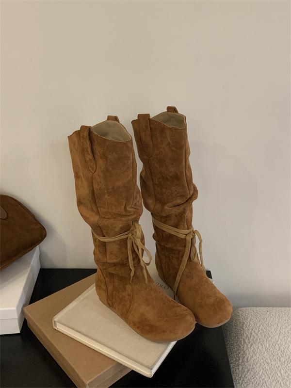 2025 autumn and winter new retro round head suede boots inner height increase women's boots lace-up versatile high boots