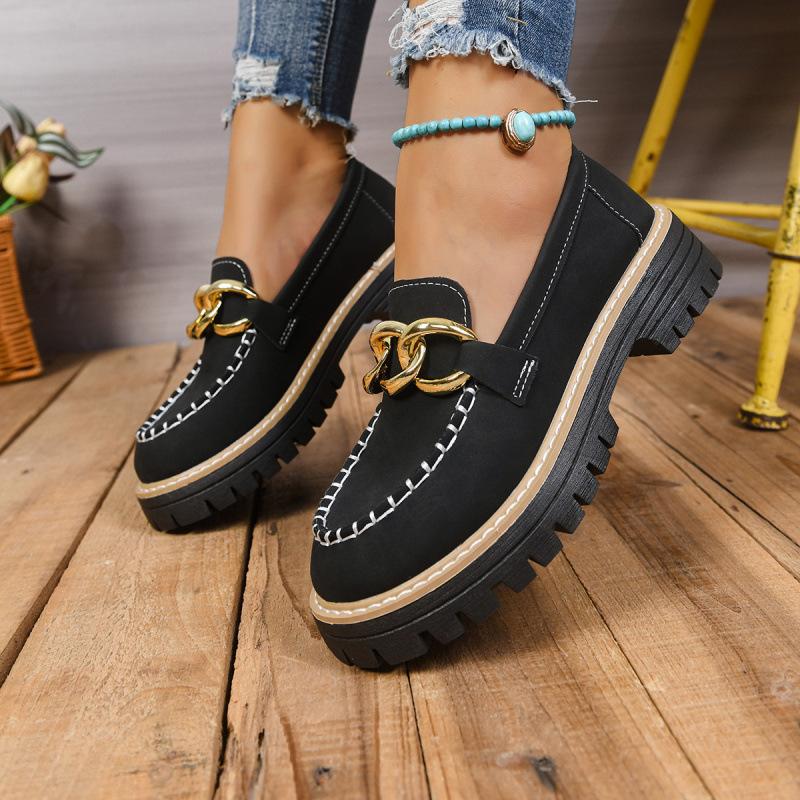 New autumn large size metal buckle casual British style women's shoes thick heel platform single shoes women