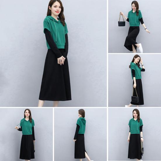 Women's 2 Piece Dress Set Pullover Hooded Drawstring Sweatshirts Midi Dress Lounge Sets Casual Fall Spring Outfits