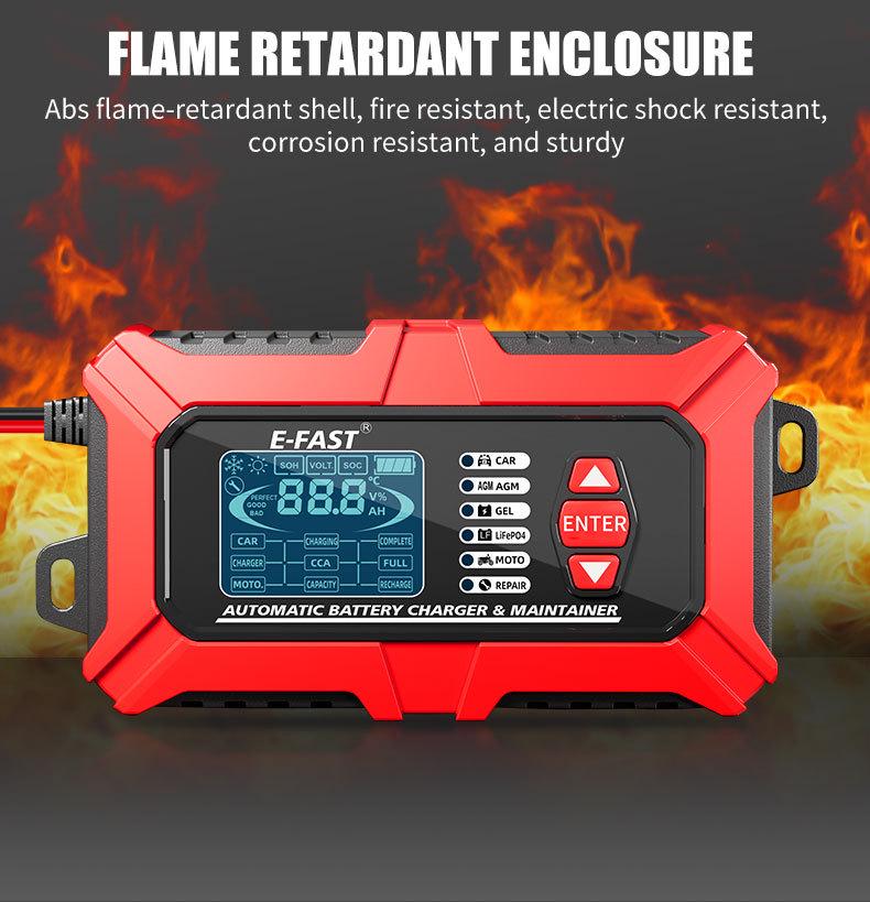 E-FAST 12V Battery Tester & Analyzer for Car/Motorcycle - Lead-Acid & Lithium-Iron Fast Charger