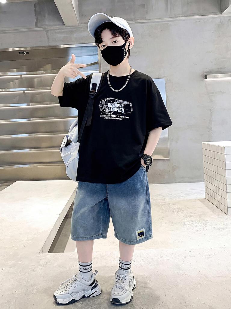 Set T-shirt in Cotone e Pantaloncini in Denim Stile Coreano per Ragazzo - Abbigliamento Casual Estivo