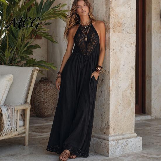 Pleated Skirt Women Women's Sheer Lace Halter Maxi Dress, Sleeveless Floral Off Shoulder Dress Patchwork A-line Long Summer Vacation Flowy Sundress